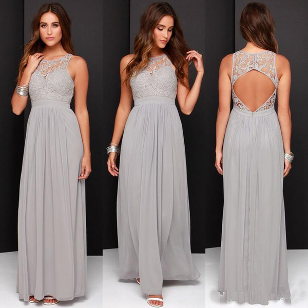 2017 Country Grey Bridesmaid Dresses for Wedding Long Chiffon A-Line Backless Formal Dresses Party Lace Modest Maid Of Honor Dress