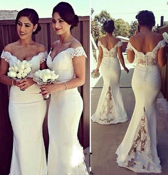 2016 Popular $59 Off the Shoulder Cheap Bridesmaid Dresses Long Lace and Taffeta Charming Maid of Honor Gowns Covered Buttons Sexy Backless