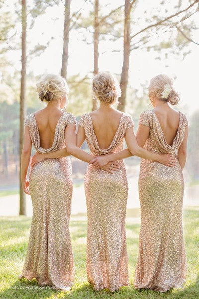 Newest Light Gold Shining Sequined Bridesmaid Dresses Draped Open Back Sexy Prom Dresses Ruched Capped Sleeve Mermaid Bridesmaid Dresses