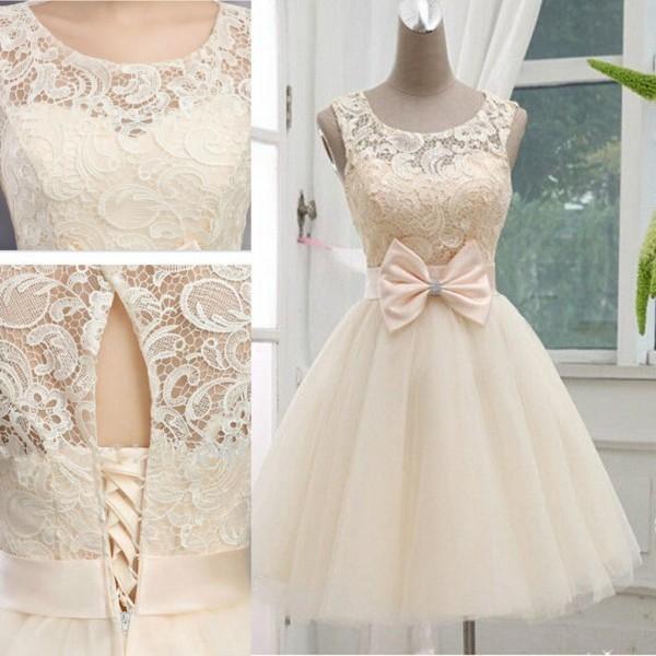 2016 Champagne New Arrival Short Wedding Dresses bridesmaid dresses Knee Length Tulle Wedding Gown Lace-up With Bow custom