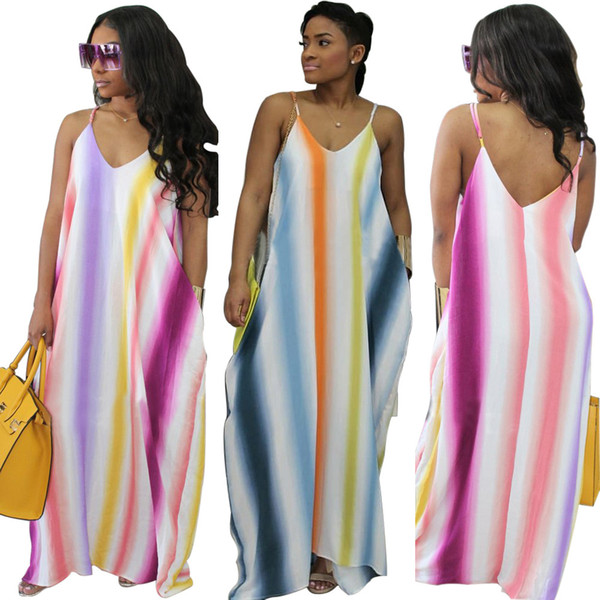 2018 Beach Dresses Summer Digital Printing Rainbow Dress Womens Holiday Sleeveless Ladies Maxi Long Summer Print Beach Dress Plus Size Gown