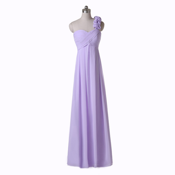 One Shoulder Long Purple Bridesmaid Dresses Style Real Picture Chiffon New Handmade Flower Empire Ruffles Sleeveless Floor Length B123