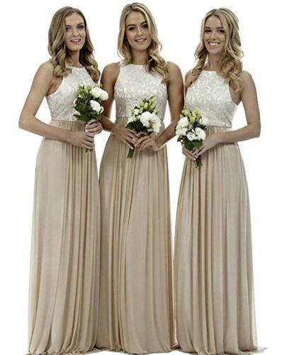 Jewel Sleeveless A Line Chiffon Lace Sexy Champagne Elegant Wedding Dresses Bridesmaid Dresses Custom Made Chic