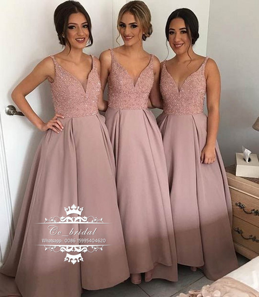 Sexy V-neck Long Bridesmaid Dress With Shining Beading Garden Country Style A-line Maid of the Honor Dress Cheap Wedding Party Gowns BD21