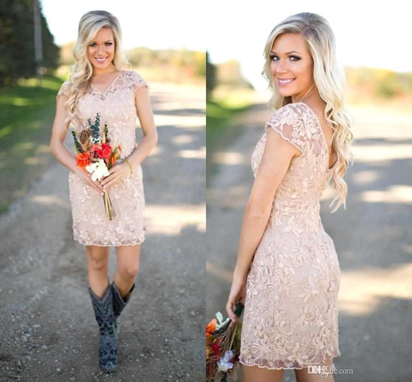 2017 Cheap Country Lace Junior Bridesmaids Dresses V-Neck Knee Length Wedding Guest Wear Party Dresses Maid of Honor Gowns Under 100
