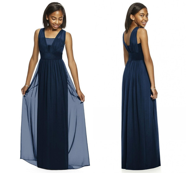 Navy Junior Bridesmaid Dresses Sleeveless A Line Floor Length Long Chiffon With Belt Cheap Bridesmaid Dresses