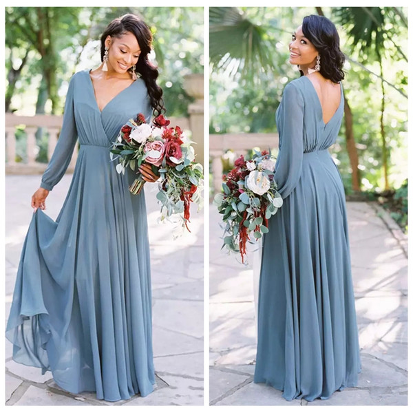 Pink Blue A Line Chiffon Long Sleeve Burgundy Cheap Bridesmaid Dresses Long V Neck Plus Size Formal Prom Dress Party Gowns 