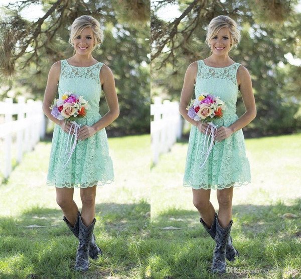 2016 Country Style Mint Green Bridesmaid Dresses Short Lace Formal Dress For Junior And Adult Bridesmaid Knee length Wedding Party Dresses