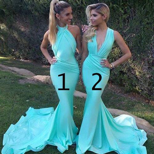 Turquoise Mermaid Bridesmaid Dresses Long High Neck Pleats Open Back African Women Wedding Guest Dress Maid Of Honor Dress Gowns