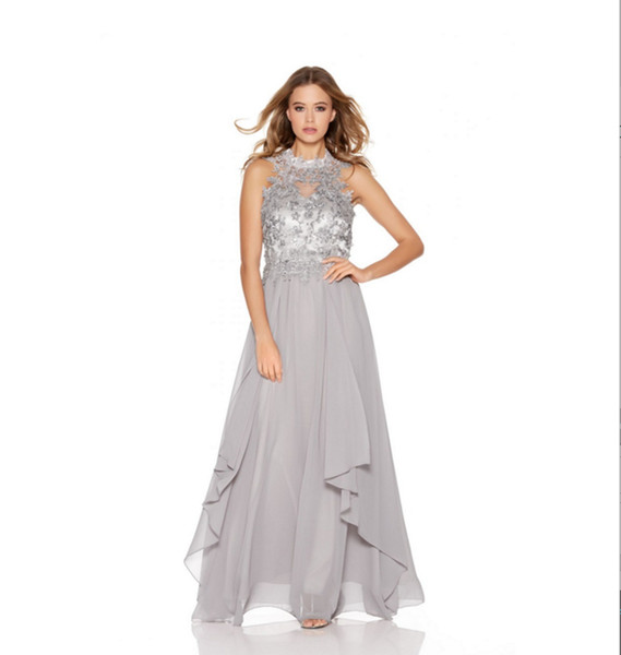 Sexy Long Sleeveless Gray Bridesmaid Dresses Elegant High Collar Applique Chiffon Bridesmaids Dresses For Weeding Guests Gown