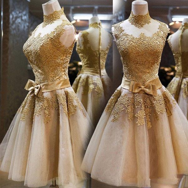 High Neck A Line Short Dresses Tulle with Bow Lace Applique Custom Made Prom Dresses Prom Cocktail Gowns Evening Dresses