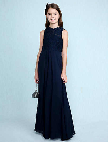 Navy Blue Column Nice Quality Custom Made Jewel Natural Chiffon with Lace Floor Length unior Bridesmaid Dress