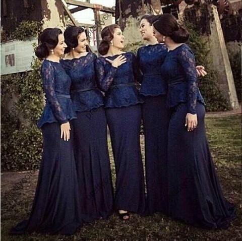 2017 Elegant dark navy mermaid bridesmaid dresses bateau custom made with long lace sleeves sweep train mermaid evening prom gowns
