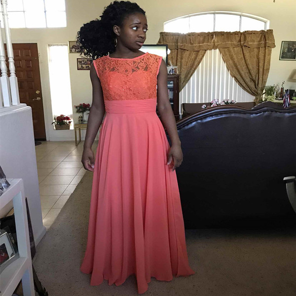 Lace Chiffon Junior Bridesmaid Dresses Coral Kids Party Dresses Floor Length Flower Girl Dress Zipper Back