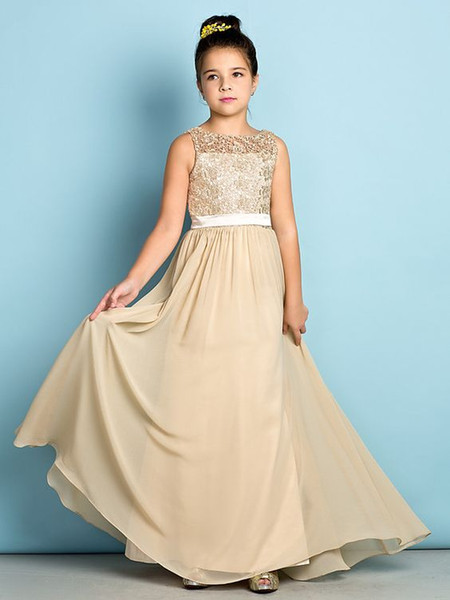 Champagne Lace Junior Bridesmaid Dresses Floor-length Chiffon Long A-line Scoop Flower Girls Dresses For Bridesmaids Cheap Csutom Made
