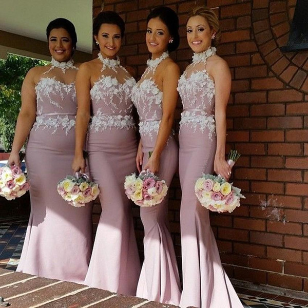 Lace Lilac Bridesmaids Dresses Sheer Halter Neckline White Appliques Mermaid Maid of Honor Dress Backless Satin Formal Prom Gown 2015
