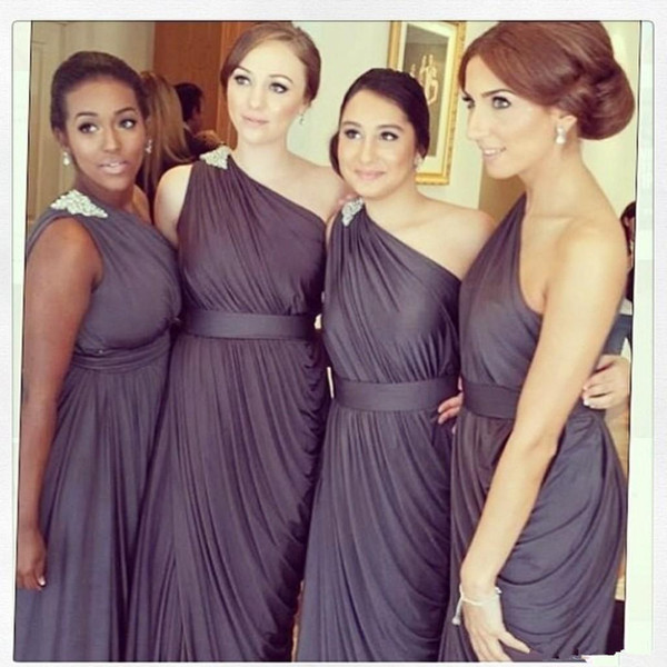 Dark Grey Bridesmaids Dresses 2016 One Shoulder Beaded Pleats Appliques Tulip Mermaid Plus Size Women Long Formal Dress For Wedding Party