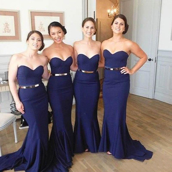 2017 Mermaid Bridesmaid Dresses Navy Blue Fitted Sweetheart Neckline Sleeveless Wedding Party Gowns Maid Of Honor Dress With Sash Cheap