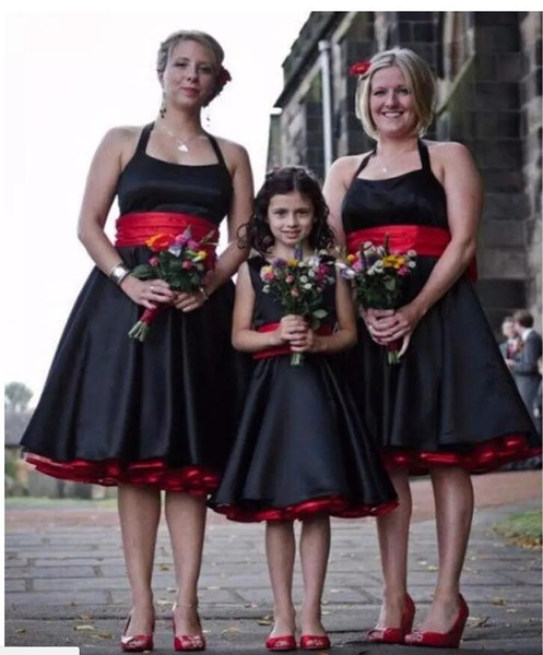 2017 Vintage Black And Red Halter Bridesmaids Dresses Ball Gown Knee Length Satin Junior Bridesmaid Gown Backless Wedding Party Dress