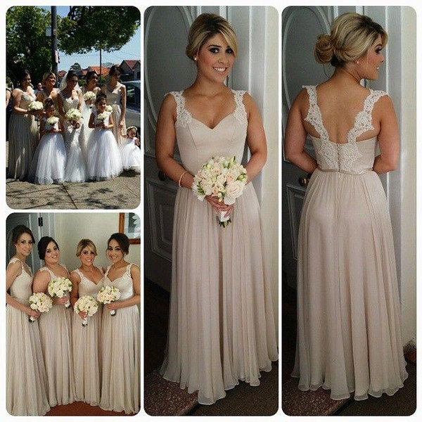 2016 Fashion Country Bridesmaids Dresses Long A line Chiffon Spaghetti Lace Straps Long Floor Length Prom Gowns Bridesmaid Dress Cheap