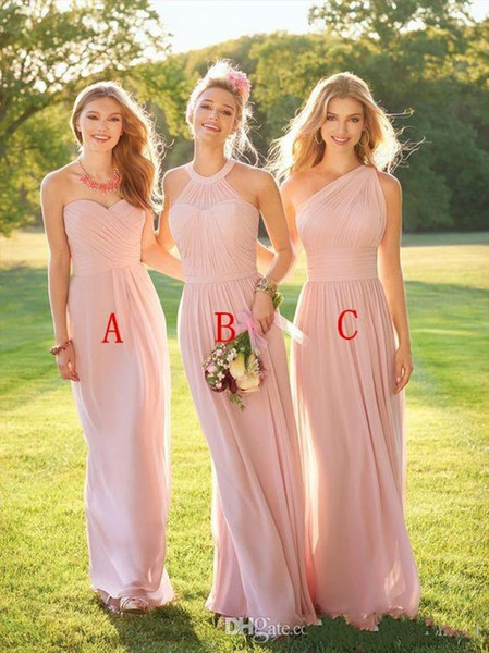 Halter Neck Floor Length Pleats Maid of Honor Dresses Custom Made 2017 New Blush Pink Cheap Chiffon Bridesmaid Dresses 018
