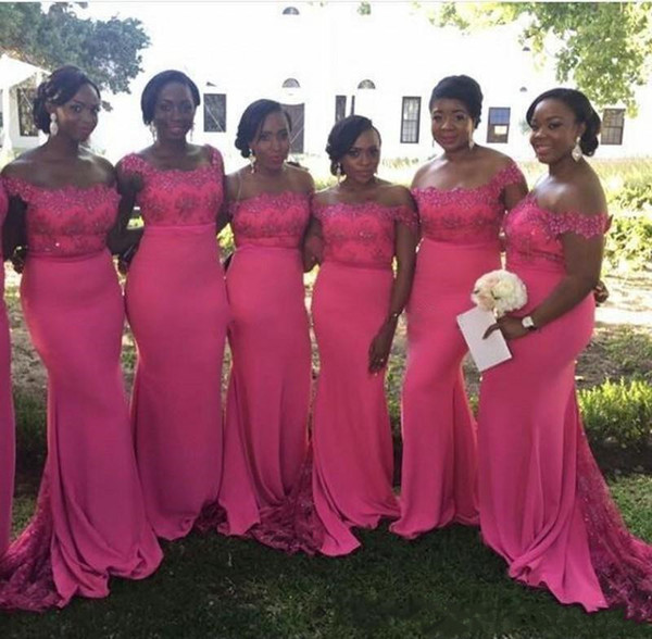 Nigerian Fuchsia Pink Bridesmaid Dresses 2017 Off the Shoulder Vintage Lace Top with Beads Mermaid Maid of Honor Gowns Wedding Guest Dresses