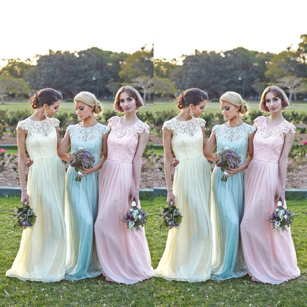 2016 Maid of Jonor Junior Bridesmaid Dresses Formal Gown Sheer A Line Capped Lace Top Chiffon Pink Mint Floor Length