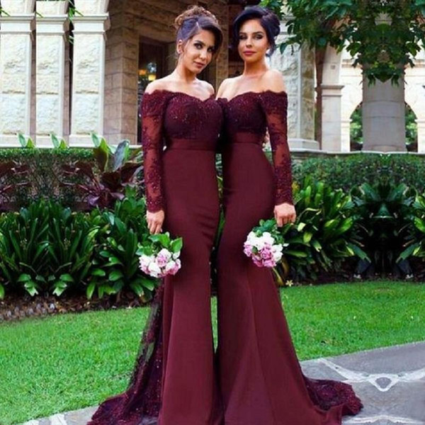 Burgundy Mermaid Long Bridesmaids Dresses 2017 New Appliques Party dress Long Sleeve Prom Party dresses 