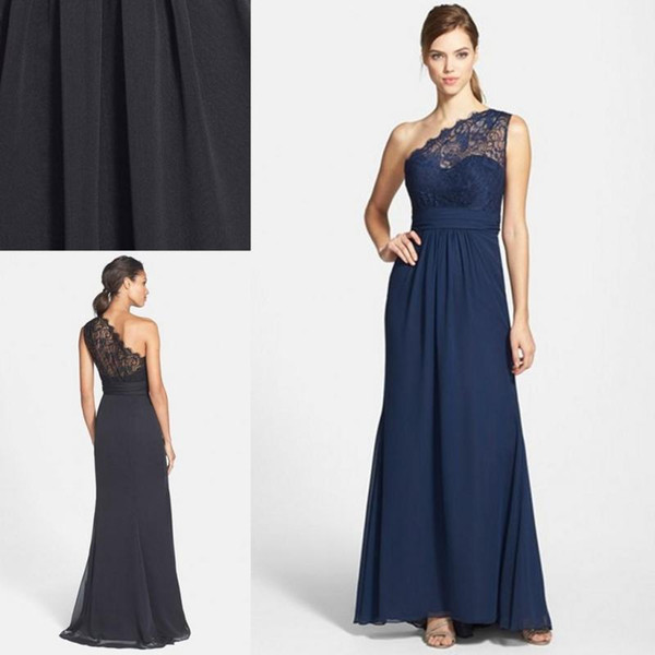 New Formal Bridesmaid Dresses One Shoulder Sleeveless Lace A Line Long Chiffon Summer Beach Navy Blue Black Maid of honor Prom Gowns