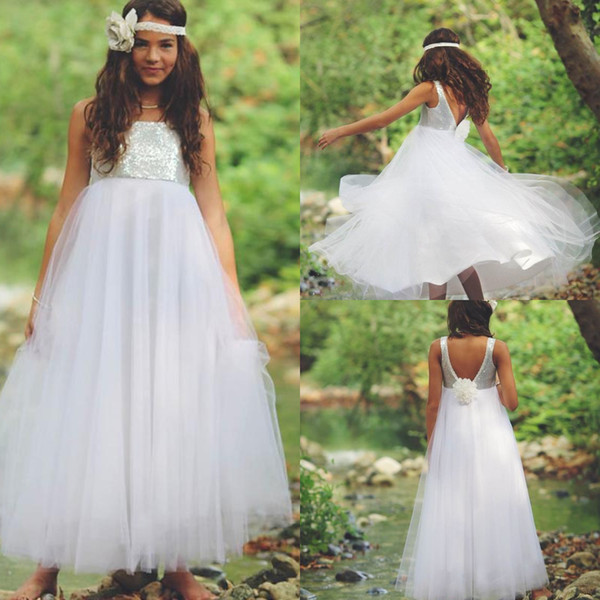 Spark Sequin Top Junior Bridesmaid Dresses Aline Scoop Ankle Length Tulle Fall Backless Flower Girl Dresses For Wedding Party Rustic Style