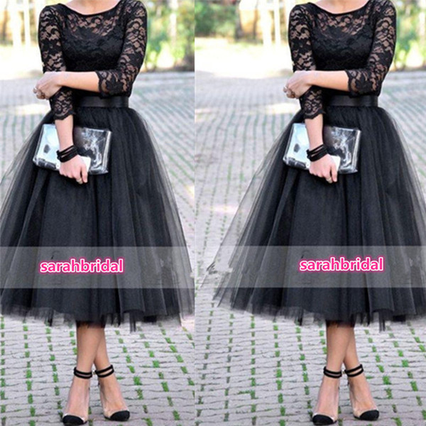Tea Length Junior Bridesmaid Dresses With 3/4 Long Sleeve 2016 Black Vintage Lace Tulle Arabic Wedding Party Prom Gowns Cheap Under 100 Hot