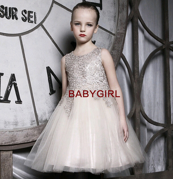 Custom made Jewel knee length tulle and lace Sequin zip back sleeveless beautiful Junior Bridesmaid Dresses