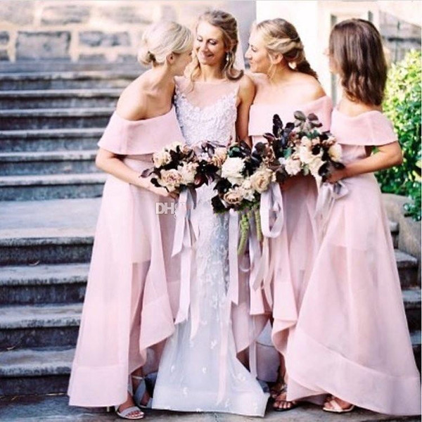 2017 High Low Bridesmaids Dresses beach sexy capped neckline Pink Blue black A Line Off Shoulder tulle ruffle Cheap Wedding guest dress