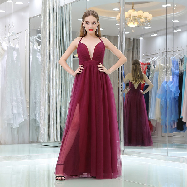 Elegant Deep V Neck Bridesmaids Dresses New Arrival Long Tulle Backless Best Cheap Bridesmaid Party Prom dresses