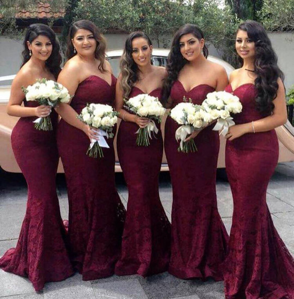 Burgundy Lace Mermaid Bridesmaid Dresses 2017 Sweetheart Sexy Long Maid of honor Gown Corset Cheap Wedding Guest Dress Formal Pageant Gowns