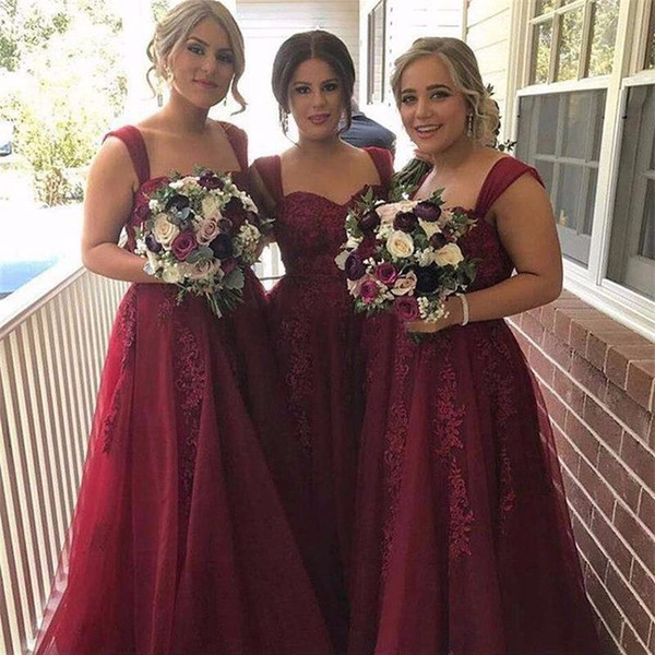 2017 New Burgundy Country Bridesmaids Dresses Sweetheart Appliques Floor Length Cheap Maid of Honor Wedding Party Gowns