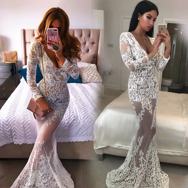 2019 New Pattern Suit-dress Wish Sexy V Lead Lace Perspective Dress Longuette