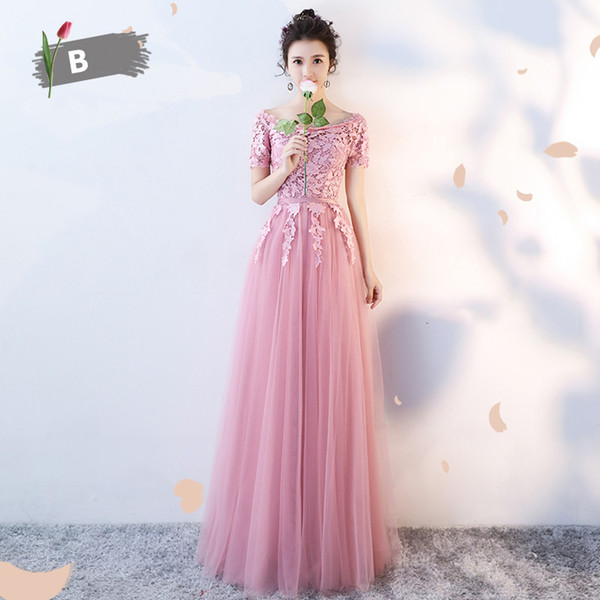 Sexy Bateau Gray/Pink/Champagne Embroidery illusion lace A line lace up hollow evening party graduation ankle length junior bridesmaid dress