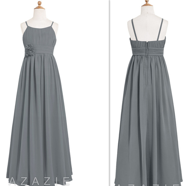 Gray Junior Bridesmaid Dresses 2017 Spaghetti Straps Chiffon Girls Formal Gowns With Handmade Flowers Long Wedding Party Dress
