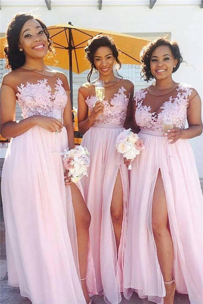 Pink Lace Chiffon Sexy Bridesmaid Dresses Sheer Neck Splits Long Dress for Maid of Honor Dress Zipper Back Floor Length Evening Gown