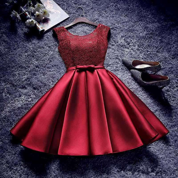 2017 Cheap Champagne Burgundy Silver Satin Short Bridesmaid Dresses Dollars Lace Cap Sleeves Maid of Honor Cocktail Party Dress under 50