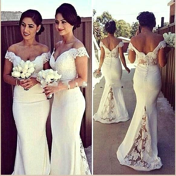 Off the Shoulder Lace Bridesmaid Dresses 2017 Spring Long Mermaid Satin Wedding Party Dresses with Covered Button BO7388