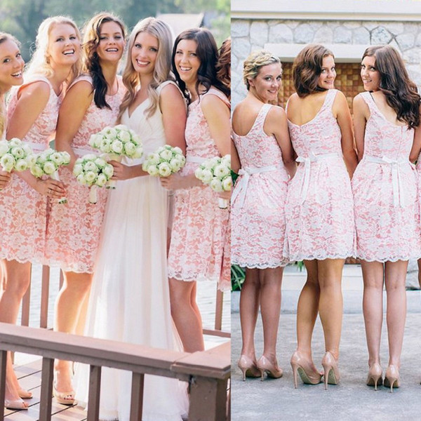 Lovely Pink Short Bridesmaid Dresses for Juniors A Line Knee Length Lace Appliques with Sash Junior Maid of Honor Gowns Homecoming Dress