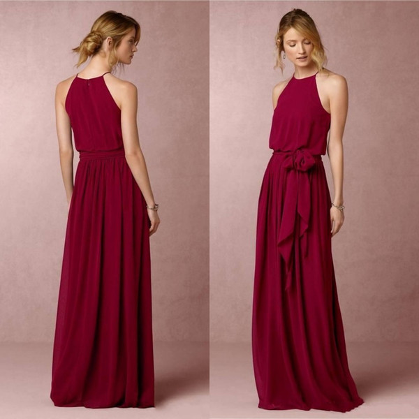 Custom Made Sexy Halter Simple Bridesmaids Dresses Burgundy Floor Length Chiffon with Sash Brautjungfer Kleider Maid of Honor Gown BM0035