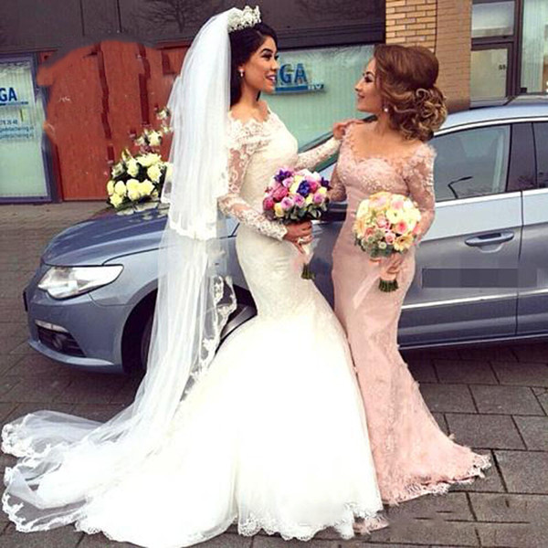 Pink Lace Girl Formal Bridesmaid Dresses Arabic Sweetheart 3D Flowers Long Sleeves Mermaid Dress 2017 Sexy Wedding Party Gowns