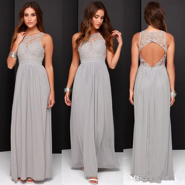New Gray Long Bridesmaid Dresses Simple Style Hot Sales Sleeveless Jewel Neckline Custom Made Backless Chiffon Lace Prom Formal Gowns B50