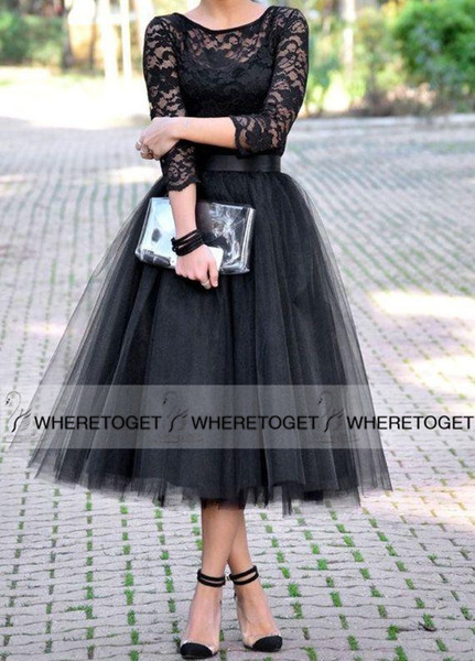 Tea Length Bridesmaid Dresses With 3/4 Long Sleeve 2016 Black Vintage Lace Tulle Arabic Wedding Party Prom Gowns Cheap Under 100 Hot