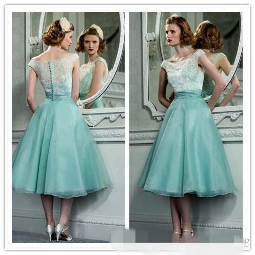 1950's Vintage Hepburn Style Tea Length Party Dresses With Bateau Neck Cap Sleeves Mint Green Organza Lace Retro Short Prom Cocktail Dress