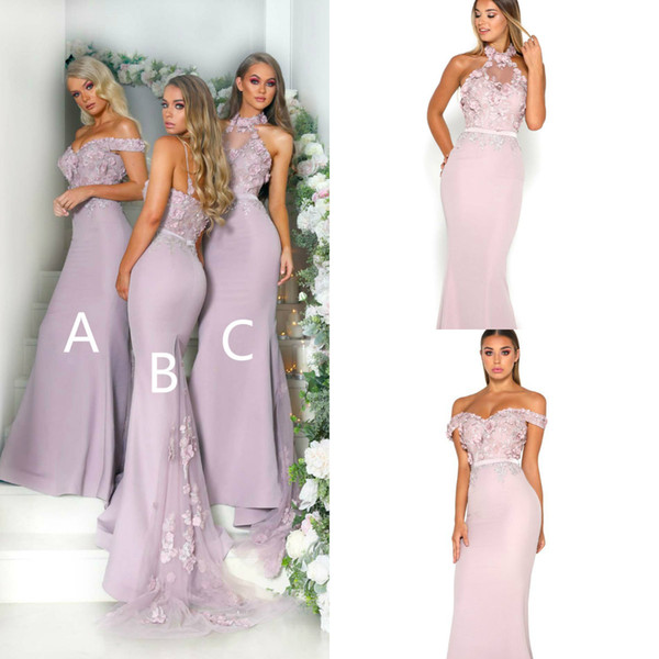 Long Bridesmaid Dresses Mixed Neck Empire 3D Floral Appliqued Elastic Satin Beach Maid Of Honor Bridesmaids Gowns Mermaid Prom Dress