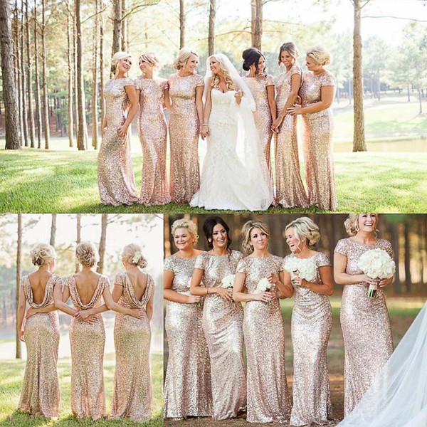 Gold Sequined Mermaid Bridesmaid Dress Sexy Short Sleeve Backless Mermaid Sweep Train Bridesmaid Dress Prom Dress LOL Weddings Products